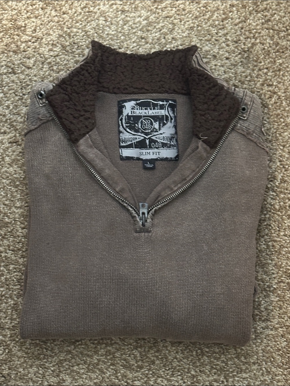 BKE Black Label Taupe Zip-Neck Sweater with Sherpa Collar